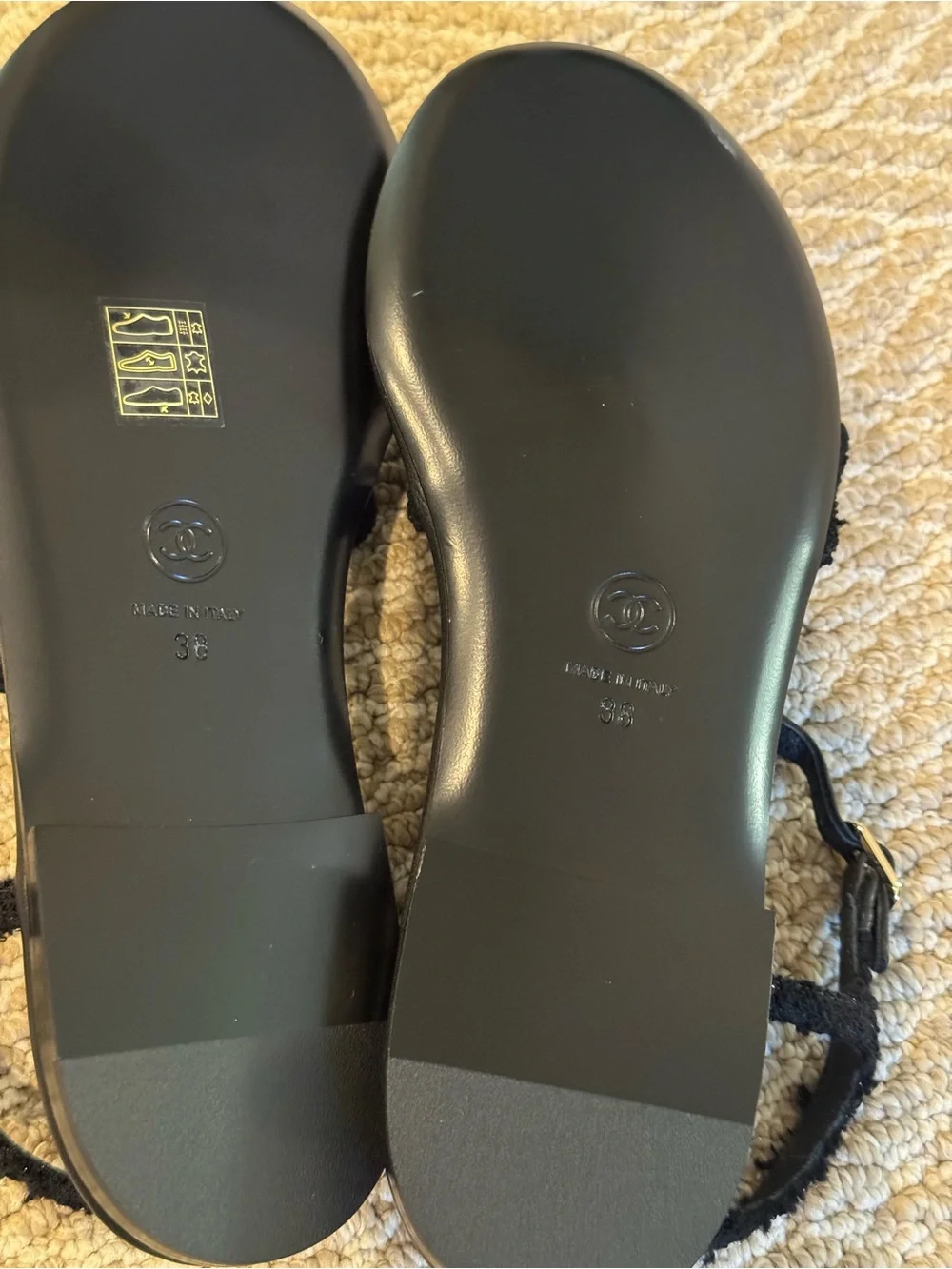 CHANEL Black & Gold Floral Motif Slingback Sandals